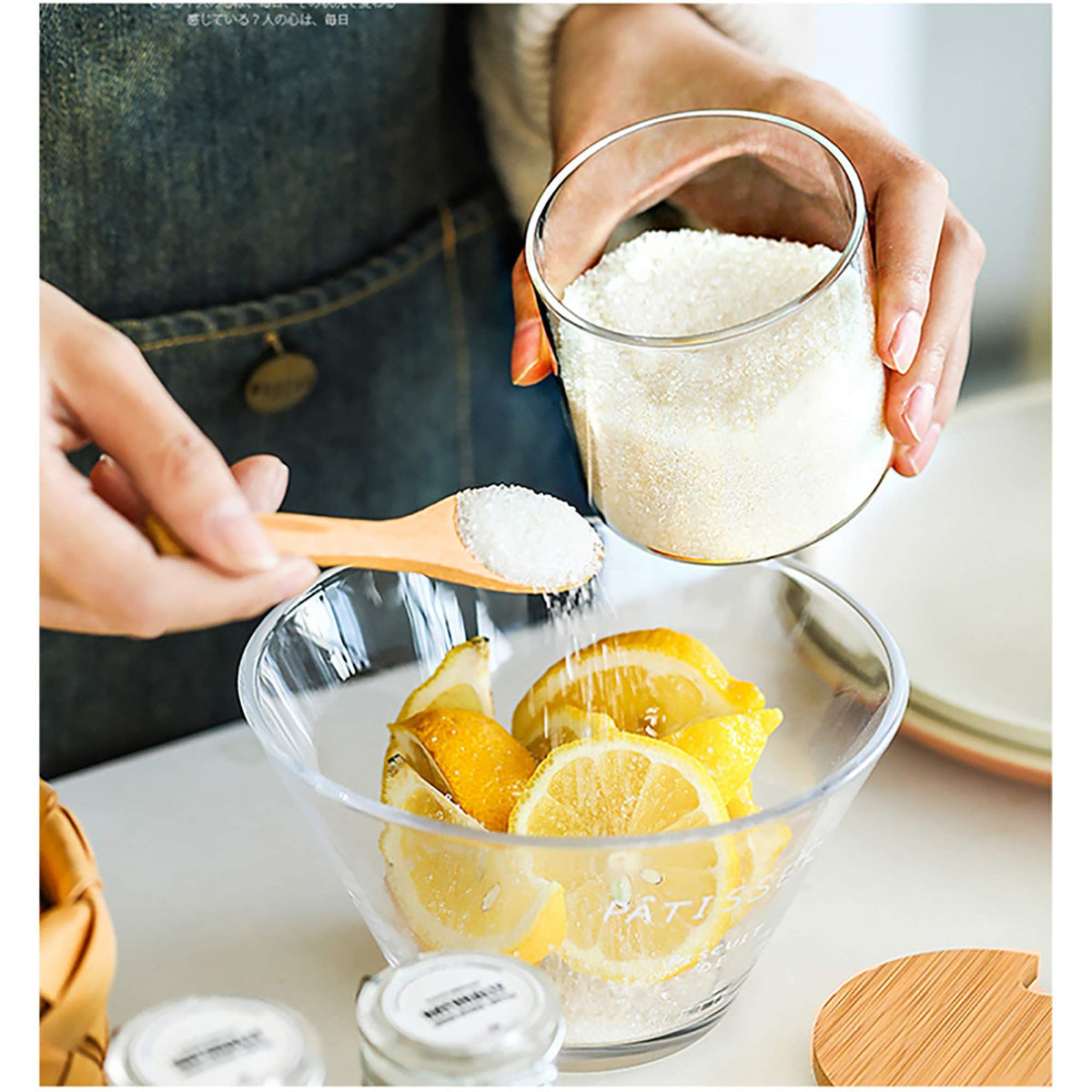 3 PCS Stylish Simple Condiment Canisters Pots Set, Decorative Storage Seasoning Glass Container Box with Bamboo Spoon Lid and Base