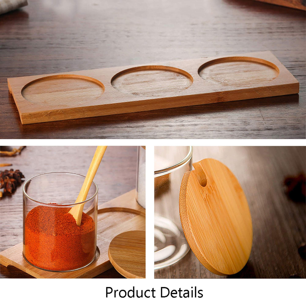 3 PCS Stylish Simple Condiment Canisters Pots Set, Decorative Storage Seasoning Glass Container Box with Bamboo Spoon Lid and Base