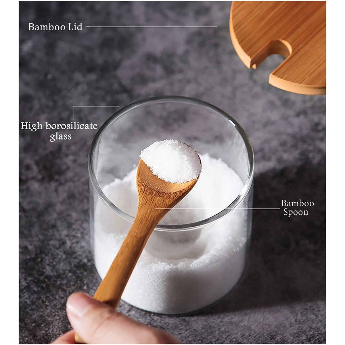 3 PCS Stylish Simple Condiment Canisters Pots Set, Decorative Storage Seasoning Glass Container Box with Bamboo Spoon Lid and Base