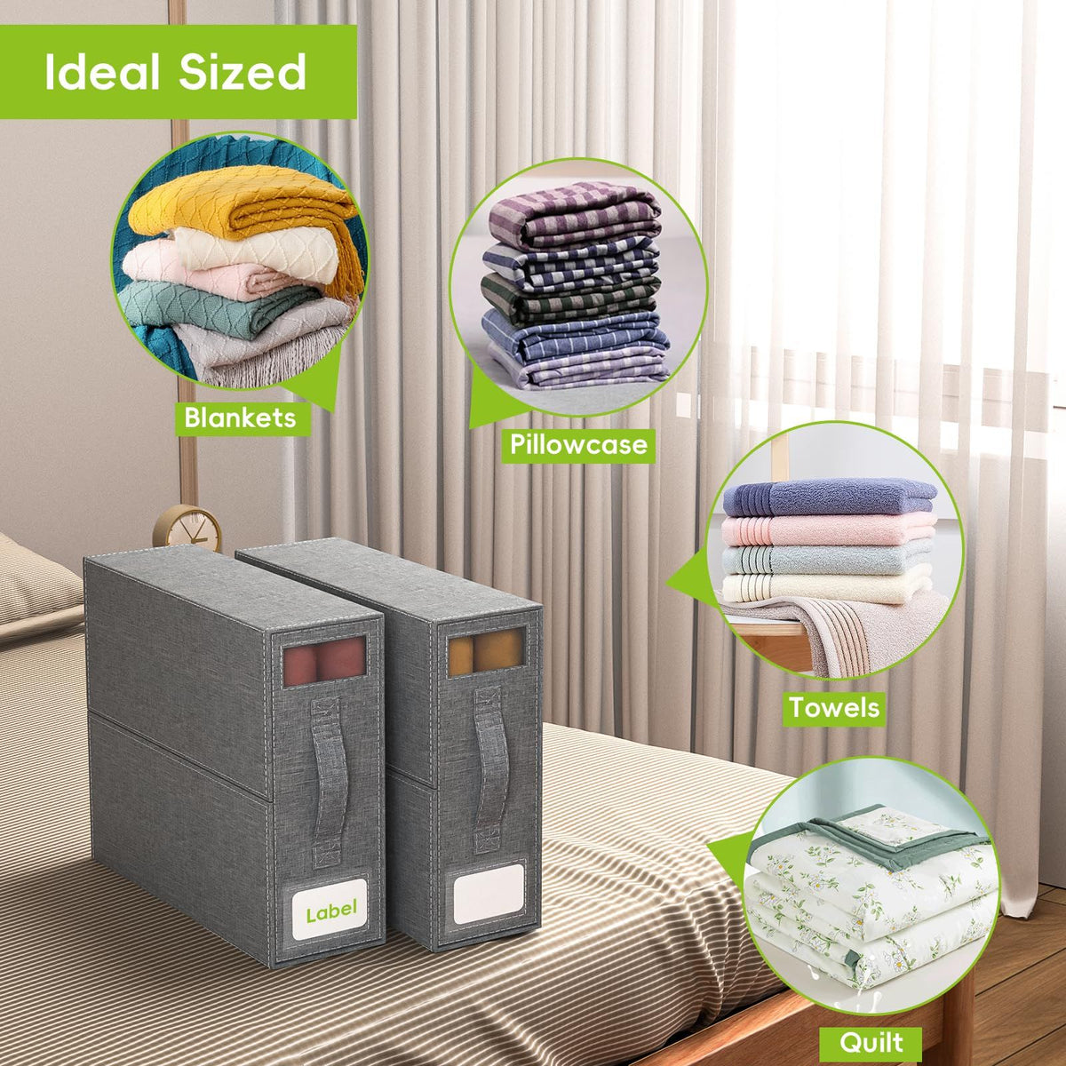 Bed Sheets Organizer, Foldable Queen & King Size Sheet Storage, 2 Pack Bedsheet Organizers for Linen Closet (Grey)