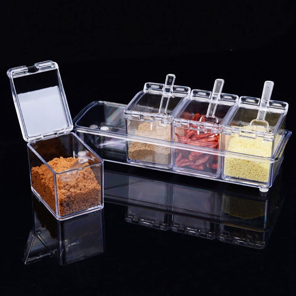 Seasoning Box with Spoon 4 Compartments Multi-Grid Spice Storage Container storage Tool for Kitchen Herb Spice Tools Gadgets