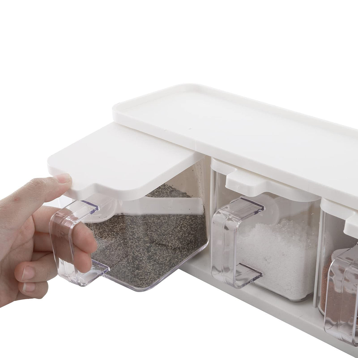 2 Pack 3 Grids Clear Seasoning Box with Handle and Spoon, Seasoning Storage Container Rack Combo Set with Removable Cruet