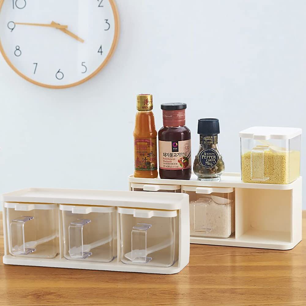 2 Pack 3 Grids Clear Seasoning Box with Handle and Spoon, Seasoning Storage Container Rack Combo Set with Removable Cruet