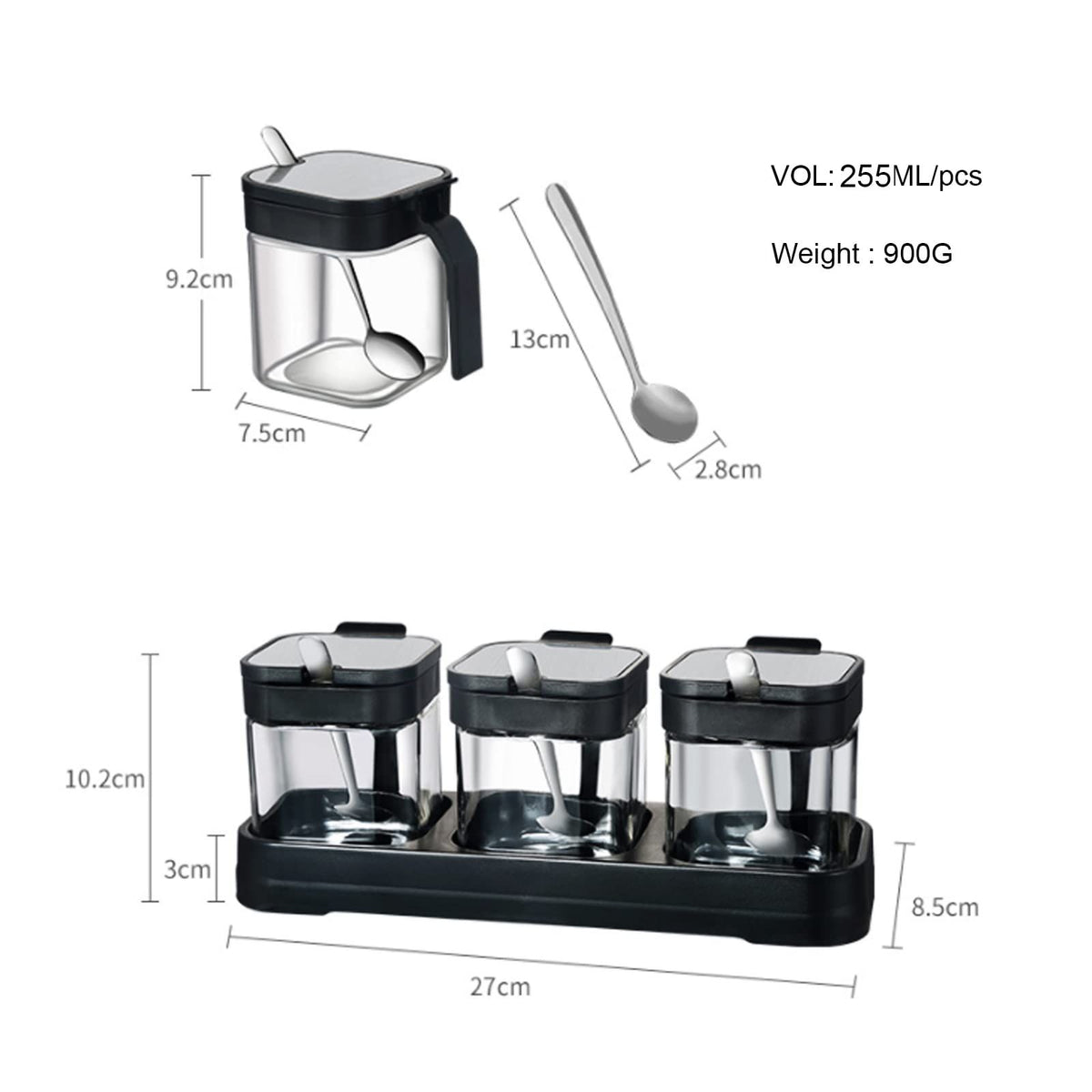 Glass Condiment Jar Spice Container with Lids and Spoons, Square Clear Seasoning Sugar Containers Set with Base,Sugar Pepper Salt