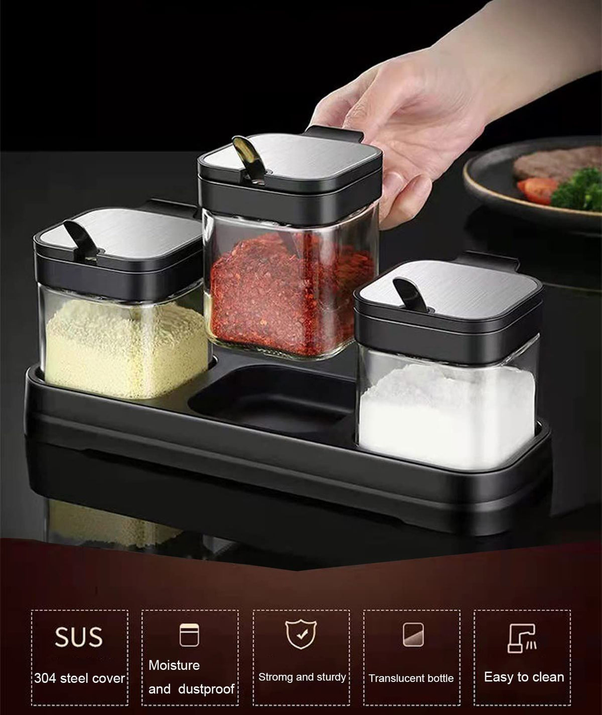 Glass Condiment Jar Spice Container with Lids and Spoons, Square Clear Seasoning Sugar Containers Set with Base,Sugar Pepper Salt