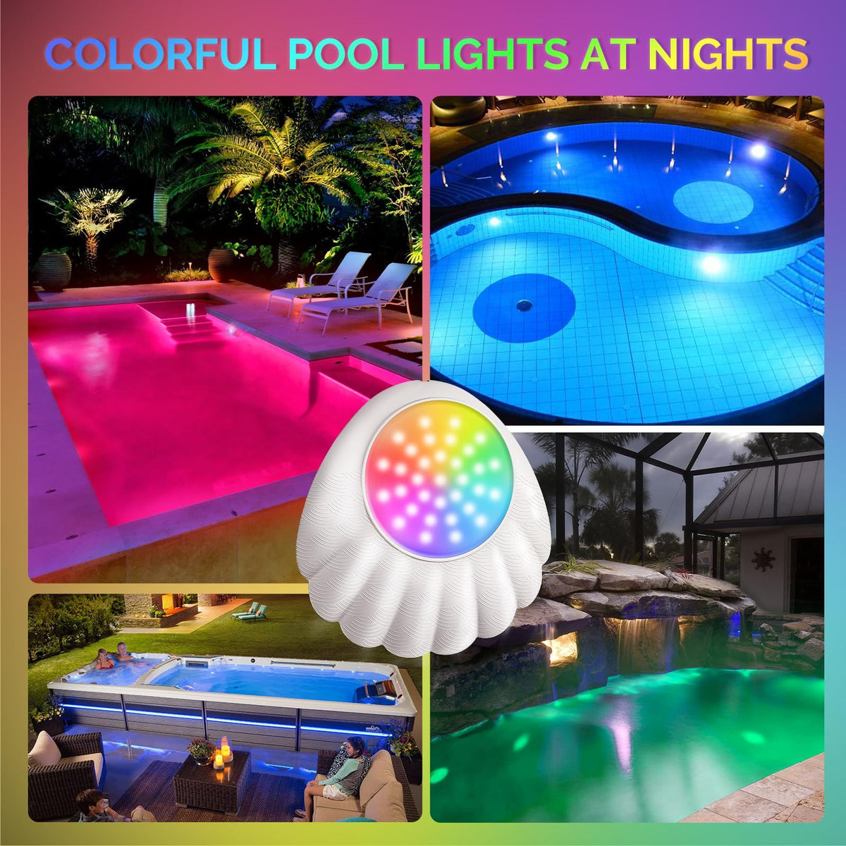 10W RGB Underwater Submersible LED Lights with IP68 Waterproof,16 Million Colors, Music Sync, 12V Smart Pool Lights for Inground
