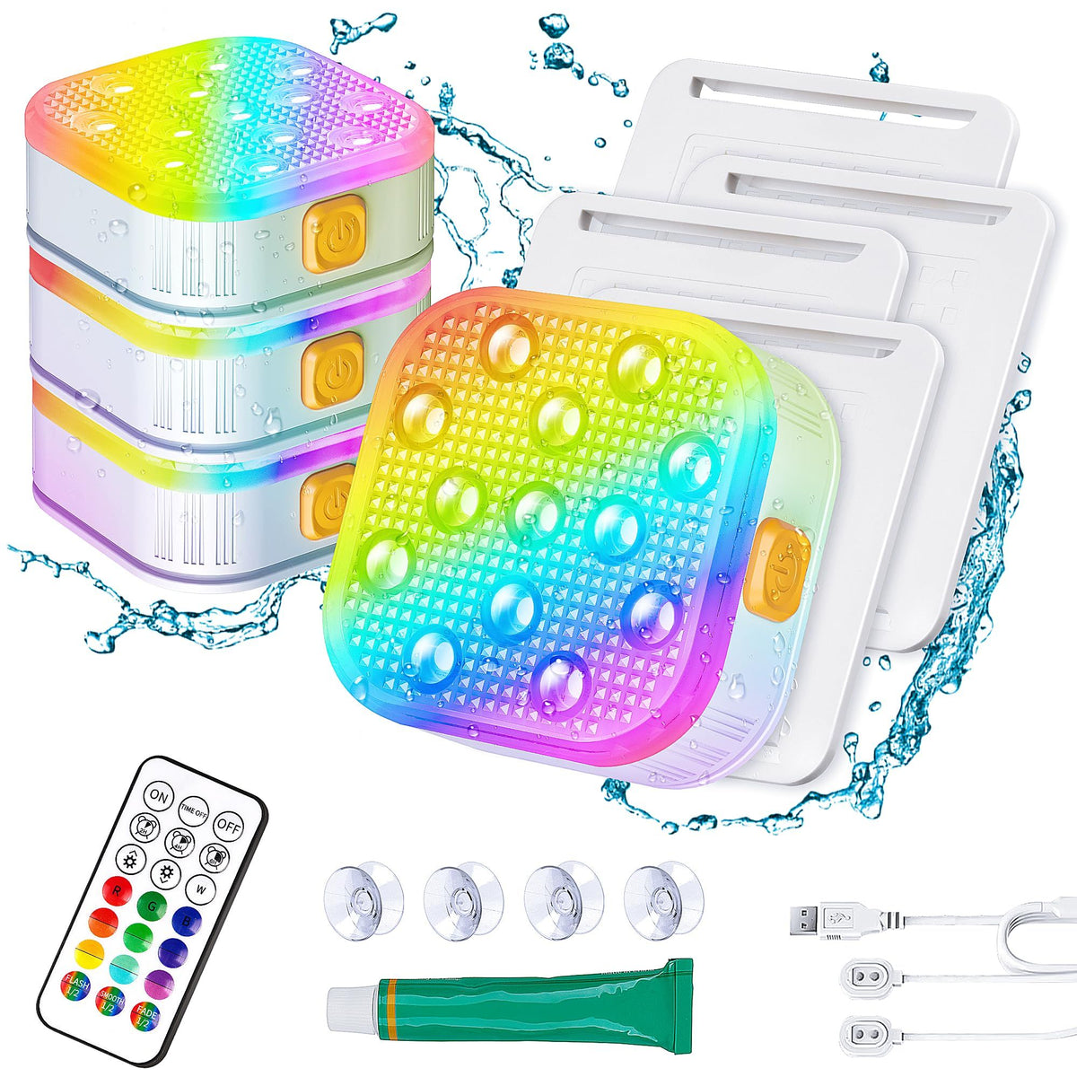 Rechargeable Submersible Pool Lights with Remote, IP68 Waterproof 16 Color Changing LED Lights with Glue, Suction Cups  -4 Pack
