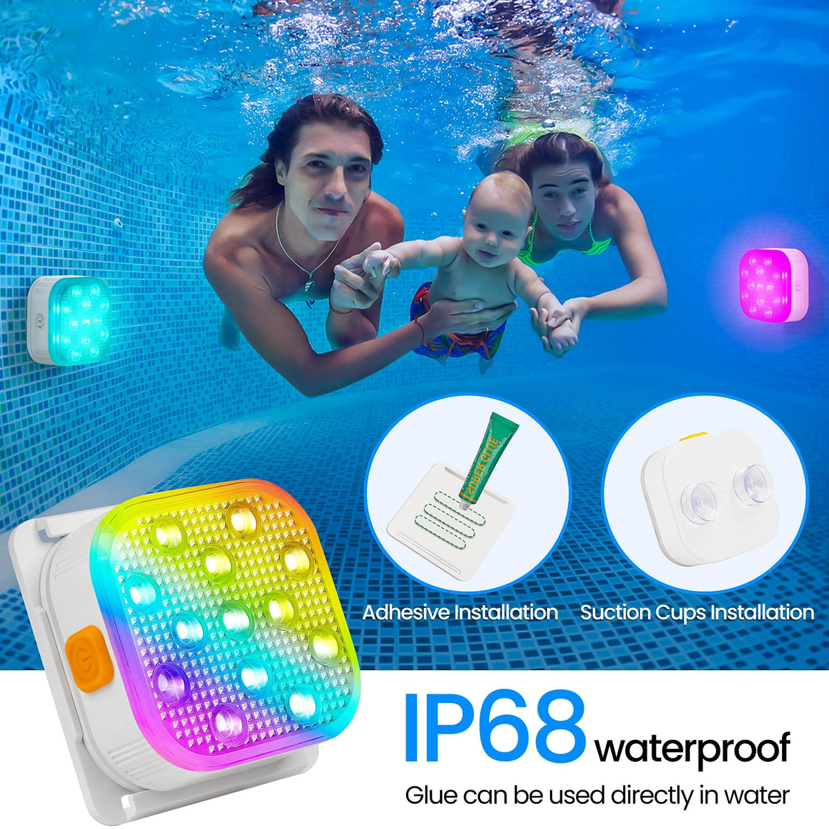 Rechargeable Submersible Pool Lights with Remote, IP68 Waterproof 16 Color Changing LED Lights with Glue, Suction Cups  -4 Pack
