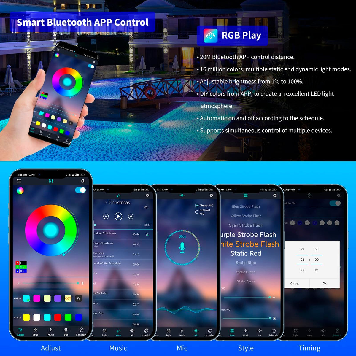 LED Pool Light, 20W RGB Dimmable Smart Magnetic Underwater Light with APP Control and Remote, IP68 Waterproof Swimming Pool