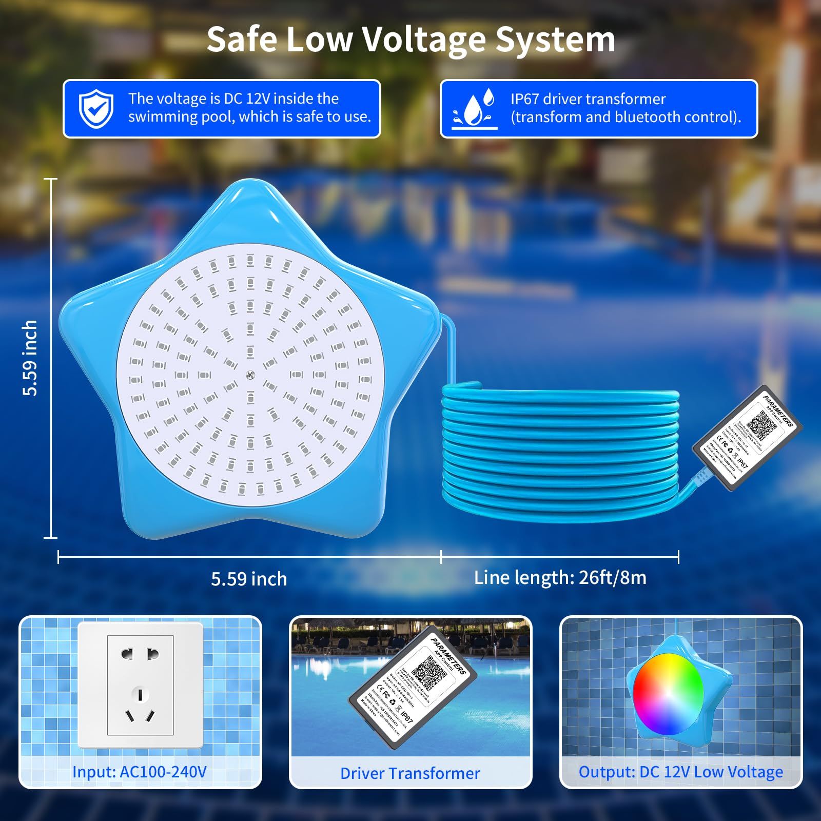 LED Pool Light, 20W RGB Dimmable Smart Magnetic Underwater Light with APP Control and Remote, IP68 Waterproof Swimming Pool