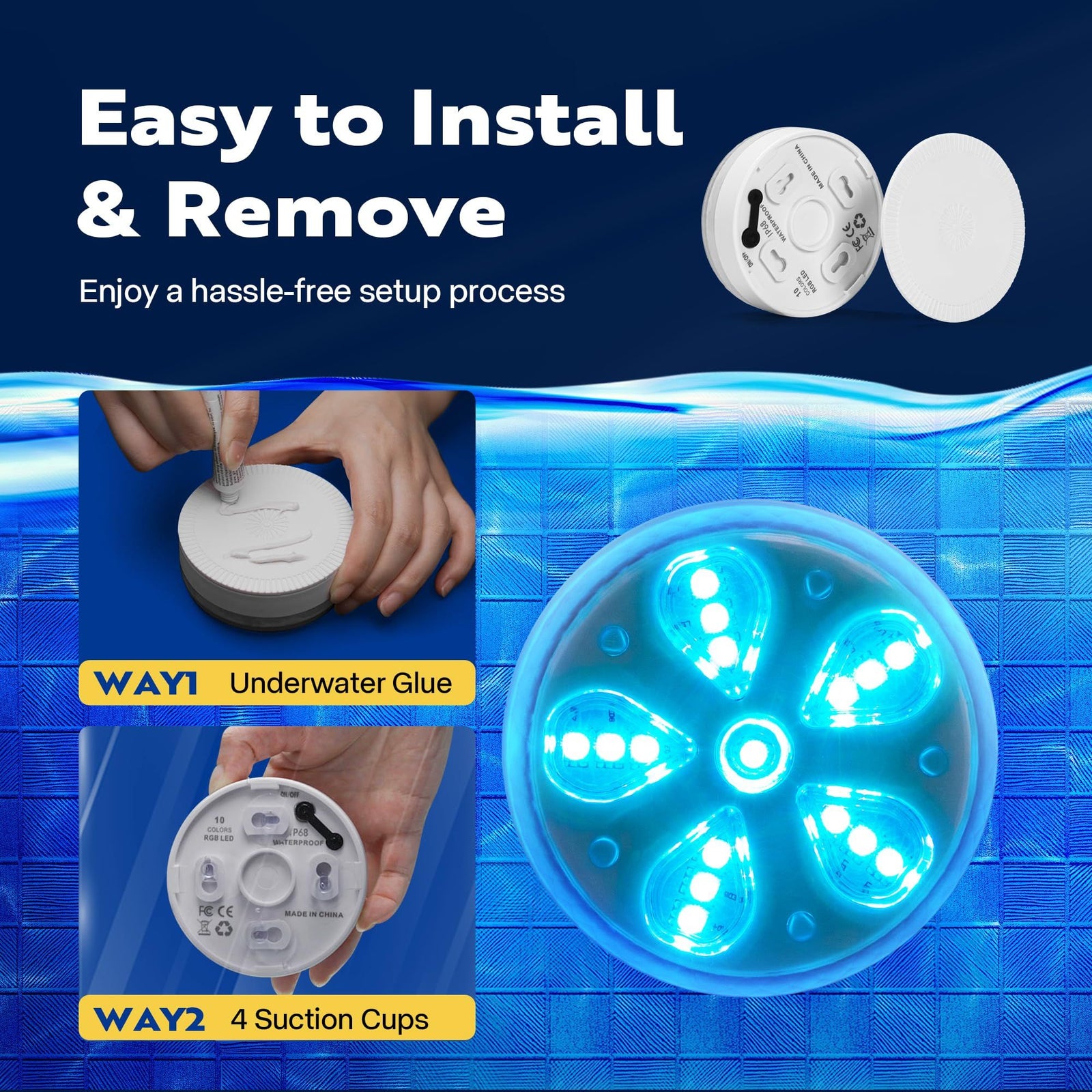 LED with Remote Control Waterproof IP68 Pool Light with 16 RGB Dynamic Color, Suction Cups, and Glue, for Under Water （1 Pack）