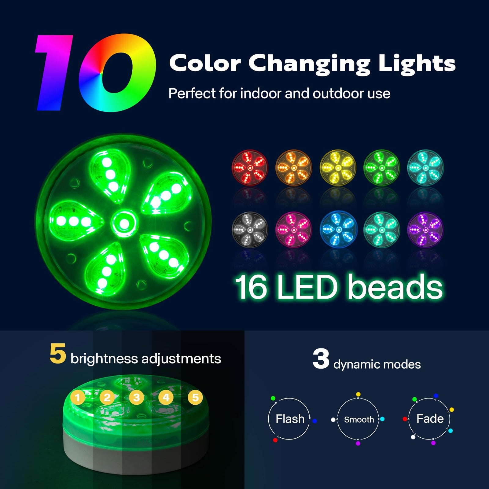 LED with Remote Control Waterproof IP68 Pool Light with 16 RGB Dynamic Color, Suction Cups, and Glue, for Under Water （1 Pack）