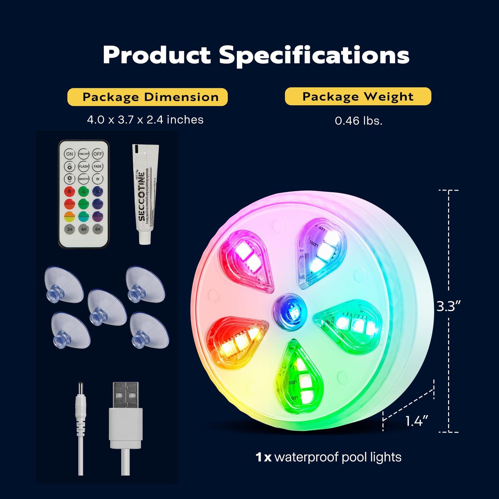 LED with Remote Control Waterproof IP68 Pool Light with 16 RGB Dynamic Color, Suction Cups, and Glue, for Under Water （1 Pack）
