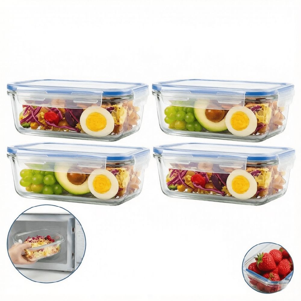 4-Pack Glass Food Storage Containers with Lids, 14oz /410ml Airtight Bento Lunch Boxes – Meal Prep & Leftover Kitchen Canisters, Clear BPA Free