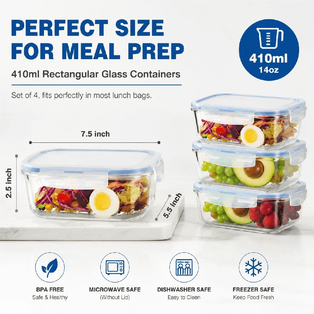 4-Pack Glass Food Storage Containers with Lids, 14oz /410ml Airtight Bento Lunch Boxes – Meal Prep & Leftover Kitchen Canisters, Clear BPA Free