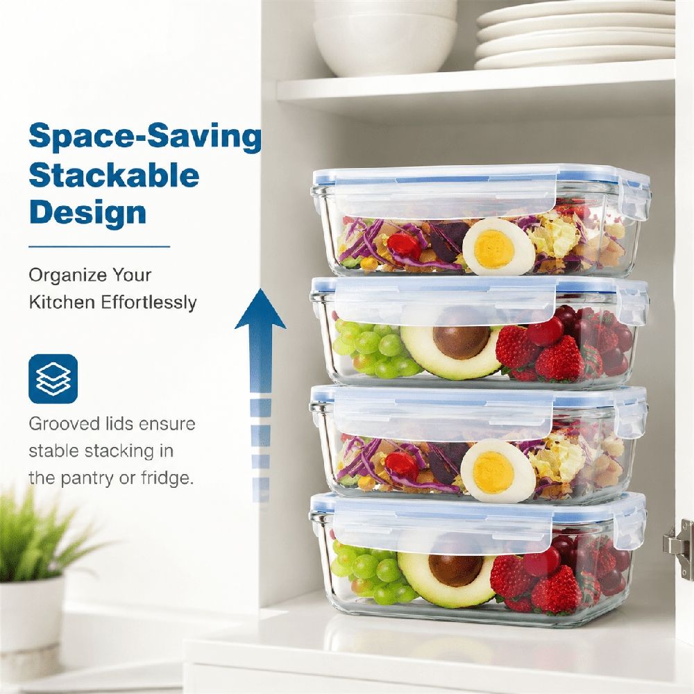 4-Pack Glass Food Storage Containers with Lids, 14oz /410ml Airtight Bento Lunch Boxes – Meal Prep & Leftover Kitchen Canisters, Clear BPA Free
