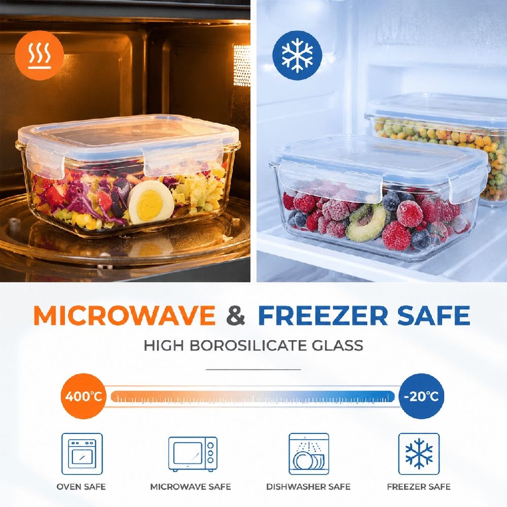 4-Pack Glass Food Storage Containers with Lids, 14oz /410ml Airtight Bento Lunch Boxes – Meal Prep & Leftover Kitchen Canisters, Clear BPA Free