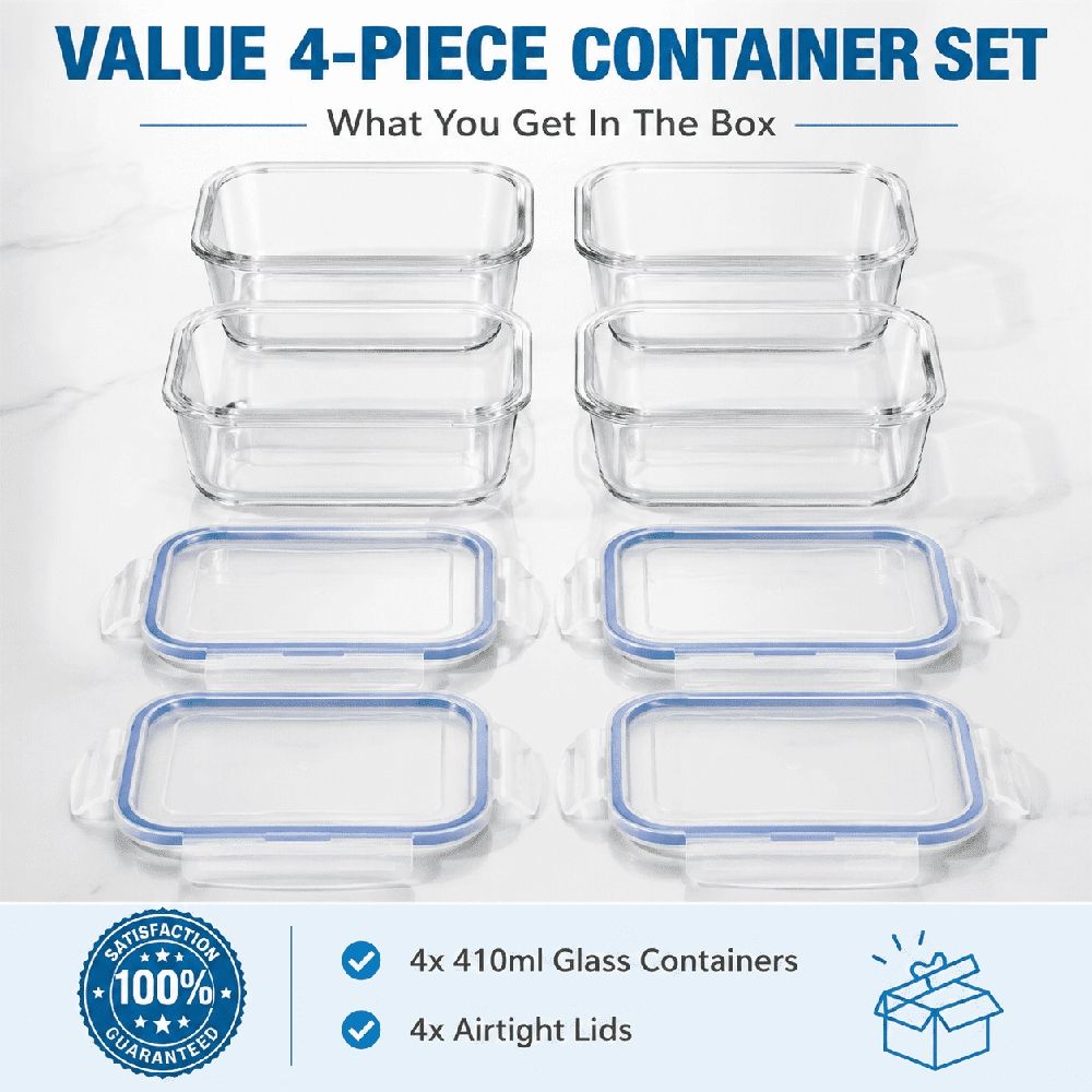 4-Pack Glass Food Storage Containers with Lids, 14oz /410ml Airtight Bento Lunch Boxes – Meal Prep & Leftover Kitchen Canisters, Clear BPA Free