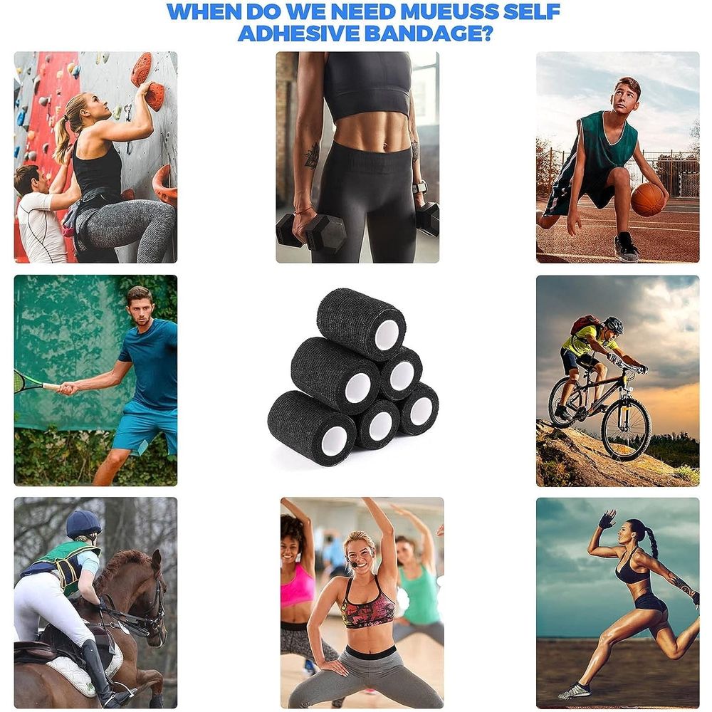 6 Pack Self Adhesive Bandage Wrap Black Self Adherent Cohesive Bandages Wrap Athletic Elastic First Aid Wrap Sport Tape Rolls for Ankle, Knee & Wrist sprains(3 x 5 Yards)