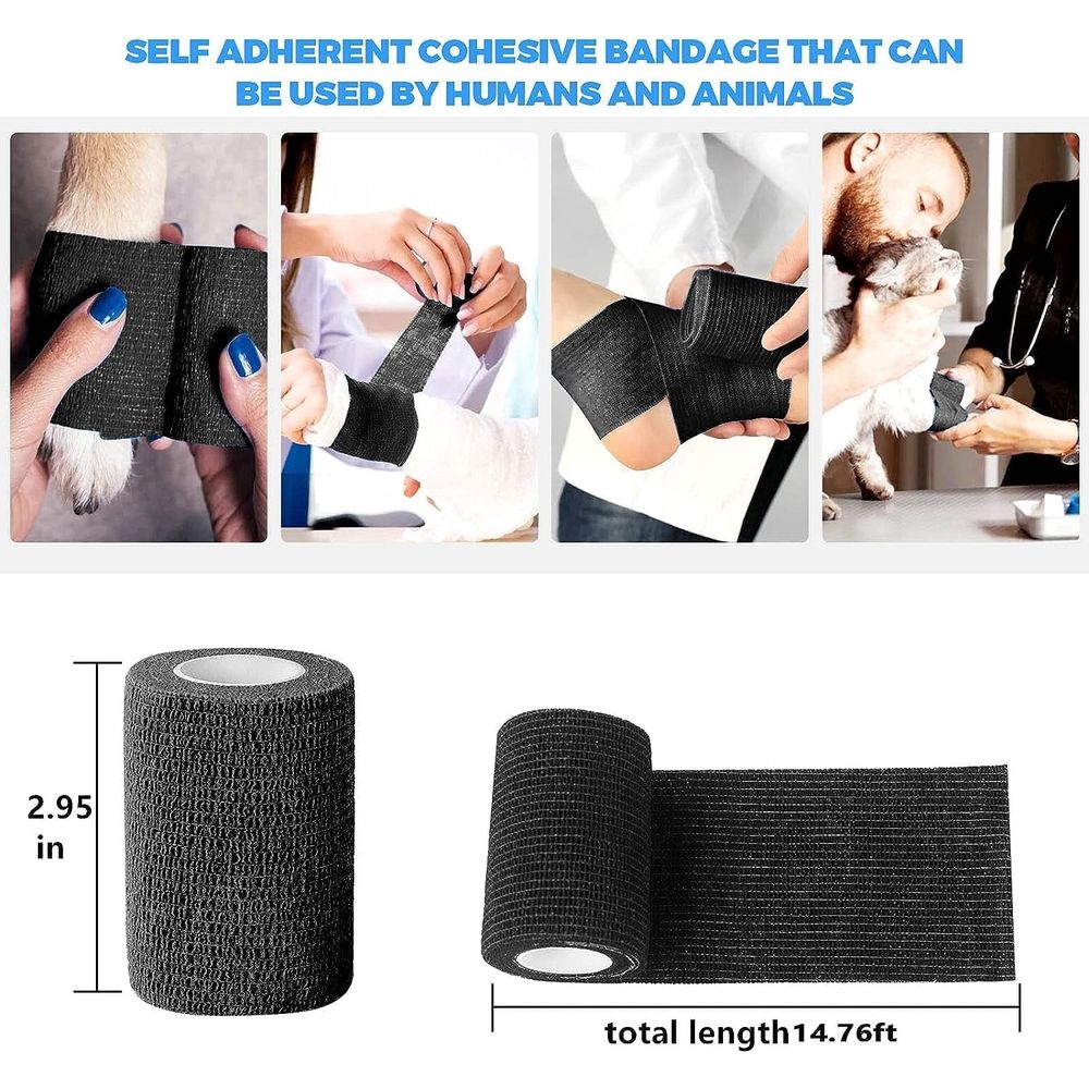 6 Pack Self Adhesive Bandage Wrap Black Self Adherent Cohesive Bandages Wrap Athletic Elastic First Aid Wrap Sport Tape Rolls for Ankle, Knee & Wrist sprains(3 x 5 Yards)