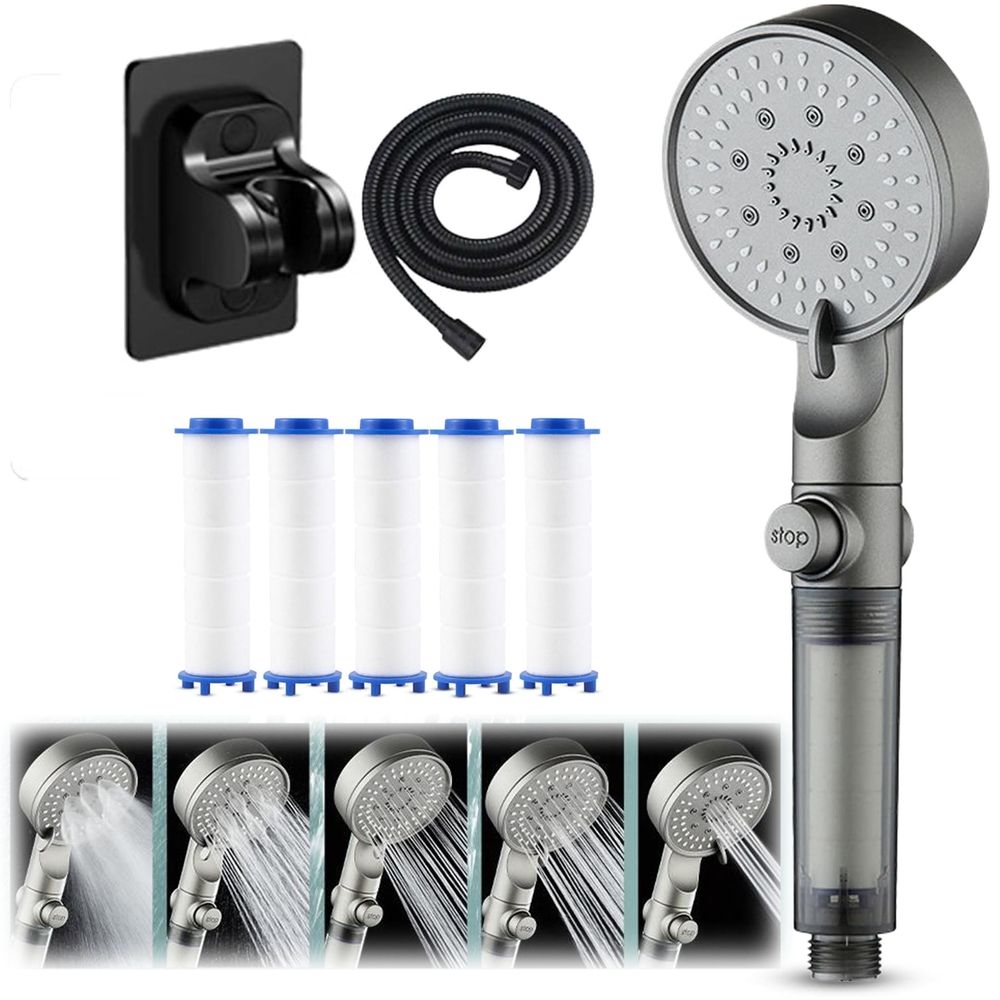 High Pressure 5-Mode Filtered Shower Head - Handheld with Hose & Bracket, Pause Function, Cotton Filter for Hard Water Bathroom