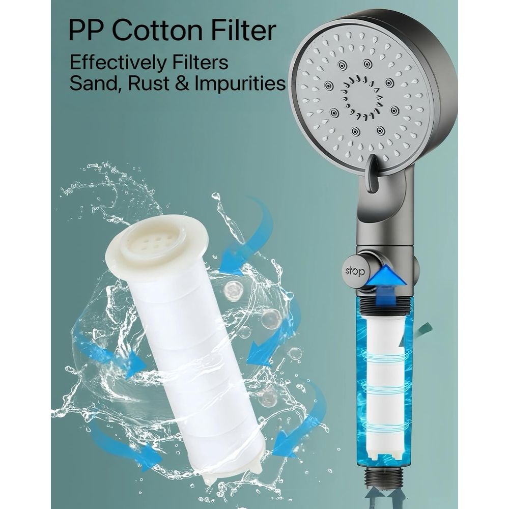High Pressure 5-Mode Filtered Shower Head - Handheld with Hose & Bracket, Pause Function, Cotton Filter for Hard Water Bathroom