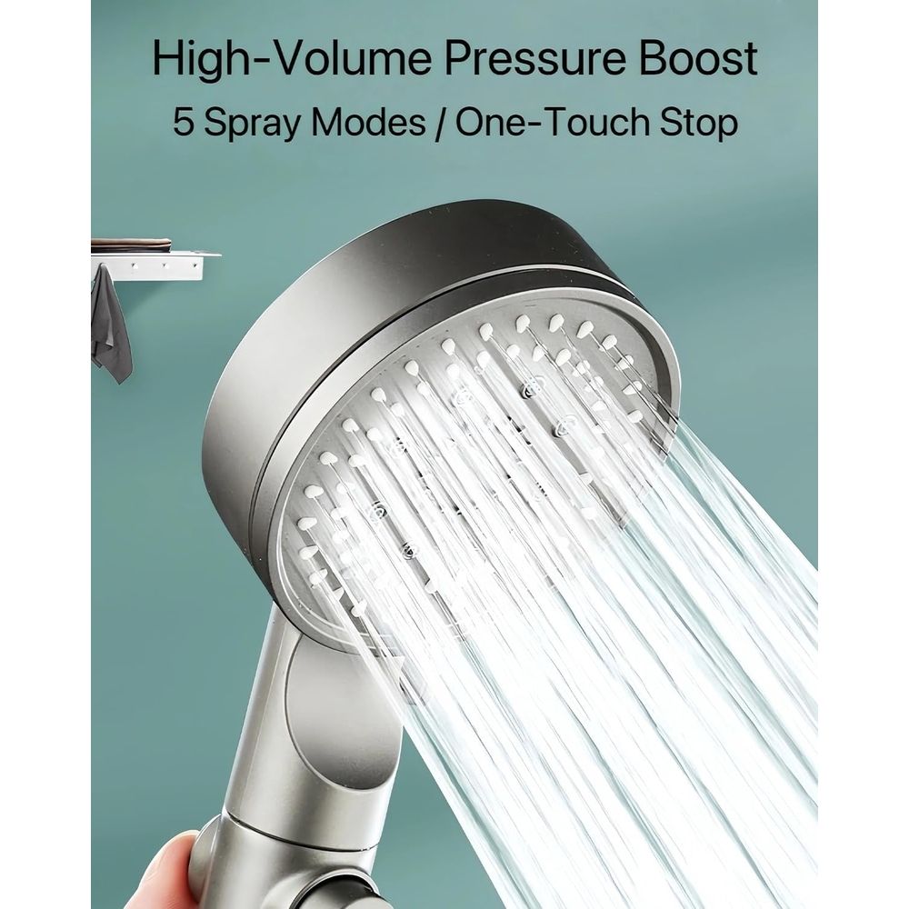 High Pressure 5-Mode Filtered Shower Head - Handheld with Hose & Bracket, Pause Function, Cotton Filter for Hard Water Bathroom