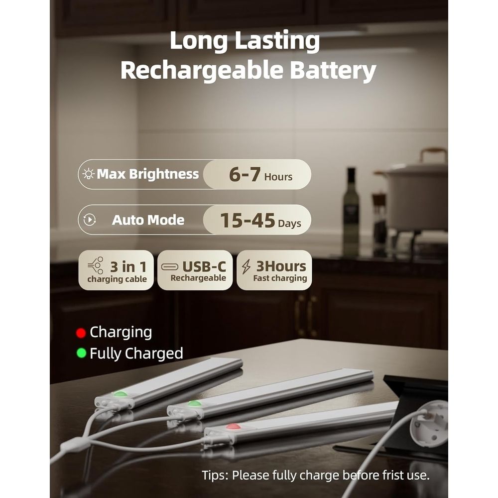 Smart Sensor Magnetic Rechargeable LED Lights, Motion Light Indoor with Magnetic Light Bar, USB-C Rechargeable Motion Lights for Under Cabinet Lighting