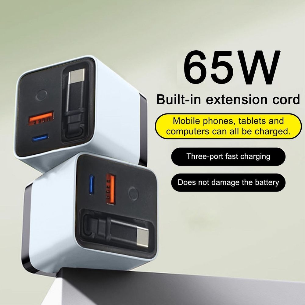 Retractable Phone Charger 3 in 1 Wall Plug 65W Fast Charging Type C Cable 2 USB Ports Foldable Portable Power Station for Laptop Phone Tablet Travel