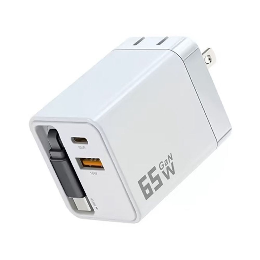 Retractable Phone Charger 3 in 1 Wall Plug 65W Fast Charging Type C Cable 2 USB Ports Foldable Portable Power Station for Laptop Phone Tablet Travel
