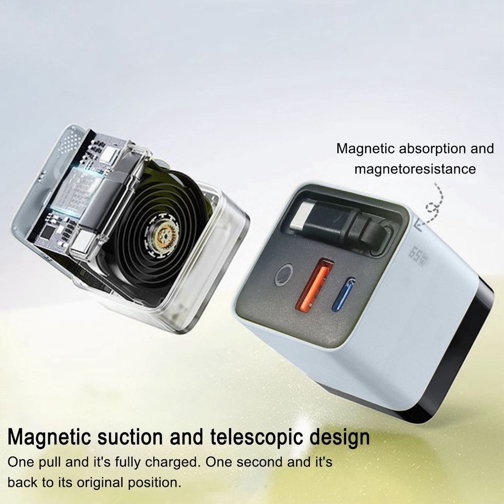 Retractable Phone Charger 3 in 1 Wall Plug 65W Fast Charging Type C Cable 2 USB Ports Foldable Portable Power Station for Laptop Phone Tablet Travel