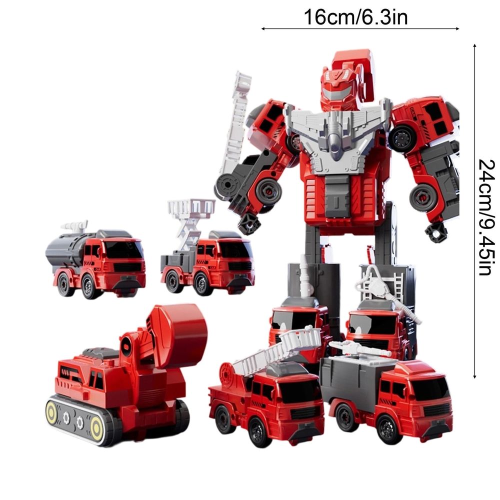 Puzzle Transformation Fire Truck and Engineering Vehicle 5-in-1 Robot Model, Press & Go Cars for Early Education, Red Yellow, 23x16x13cm/9.05x6.29x5.1in