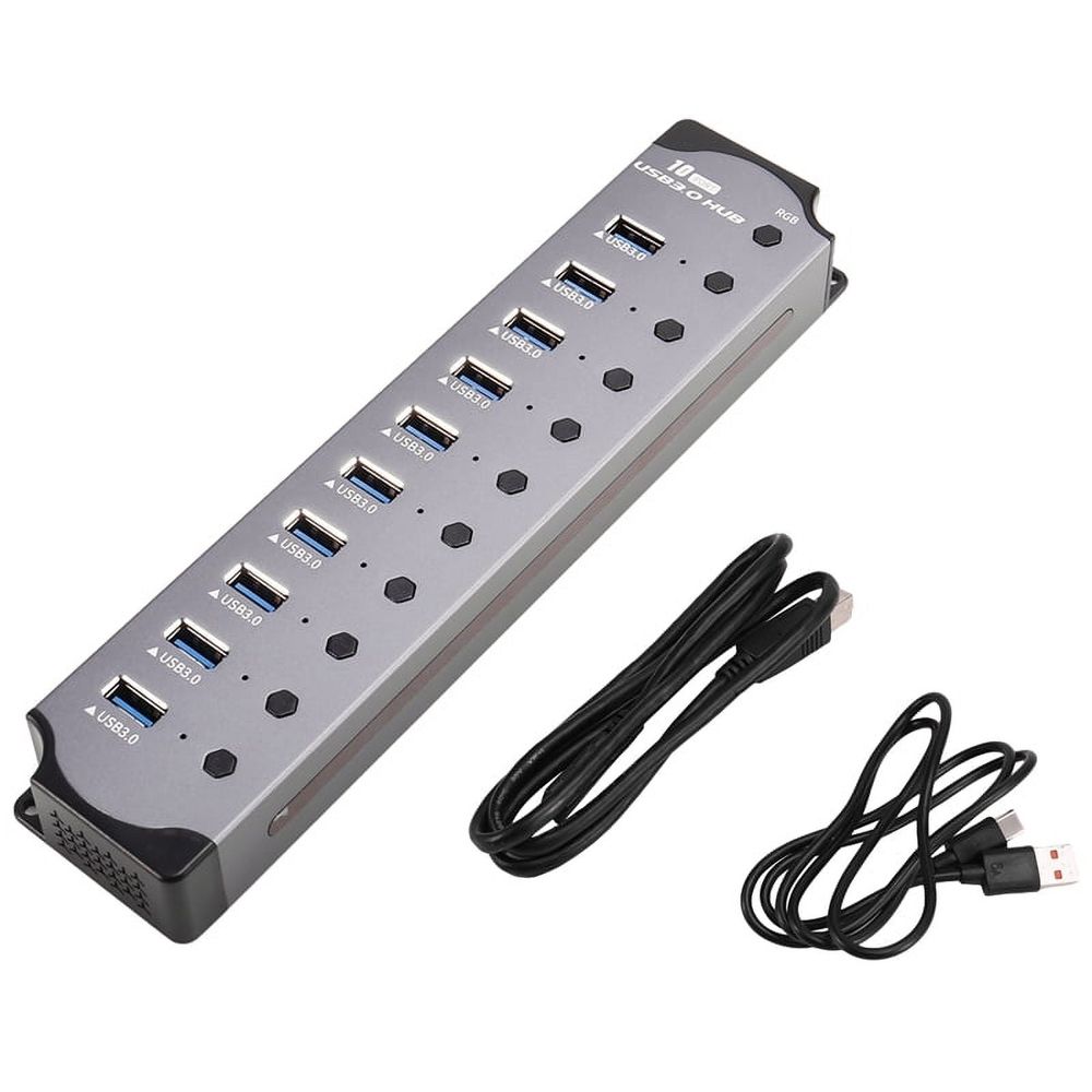 Aluminum Alloy 10-Port Powered USB Hub for Desktop Setup, 10 USB 3.0 Ports, RGB E-Marker, Individual Switches, Heat Dissipation