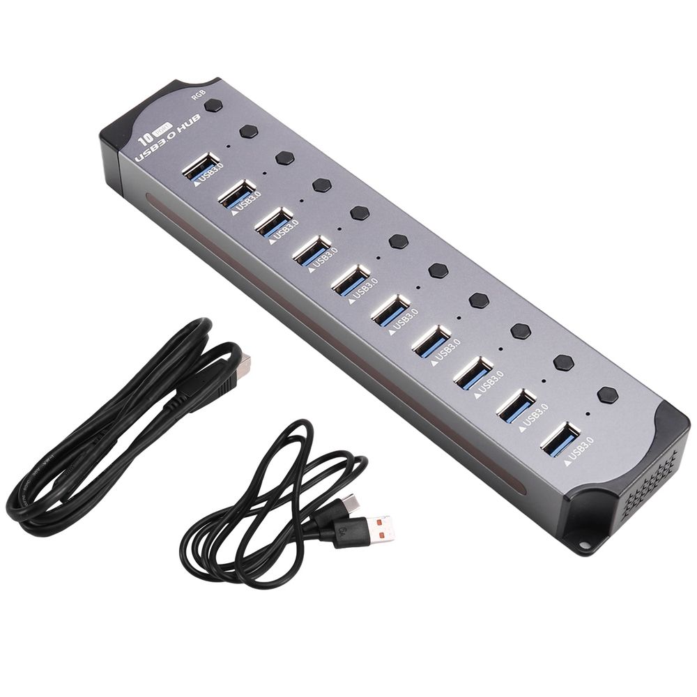 Aluminum Alloy 10-Port Powered USB Hub for Desktop Setup, 10 USB 3.0 Ports, RGB E-Marker, Individual Switches, Heat Dissipation
