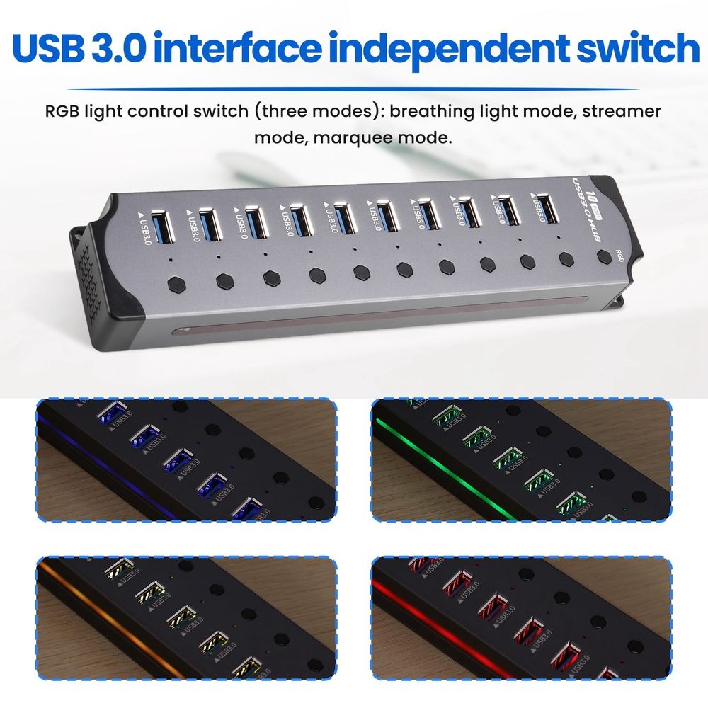 Aluminum Alloy 10-Port Powered USB Hub for Desktop Setup, 10 USB 3.0 Ports, RGB E-Marker, Individual Switches, Heat Dissipation
