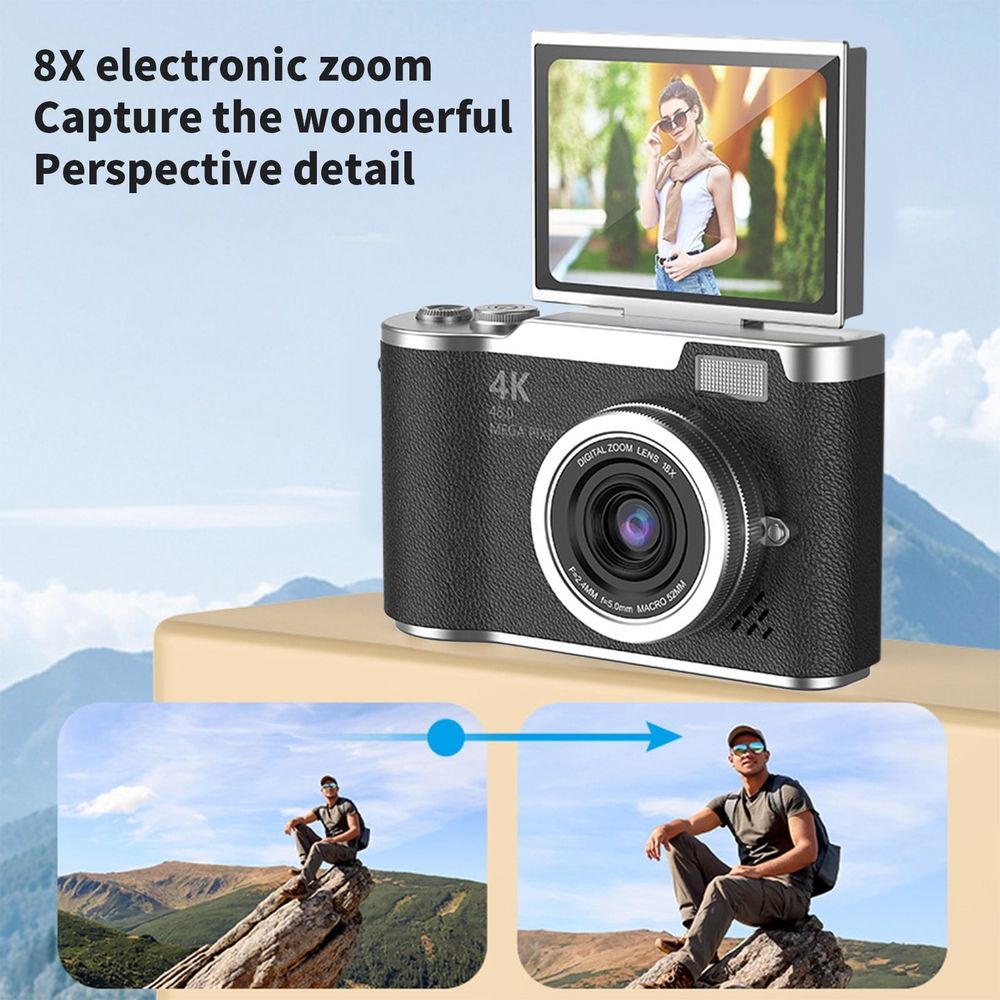 Digital Camera with 2.4 Inch Flip Screen, Autofocus 1080P HD Selfie Camera - Compact Travel Camera, 8X Zoom, Anti-Shake, Beauty Mode, Rechargeable Battery for Students & Beginners