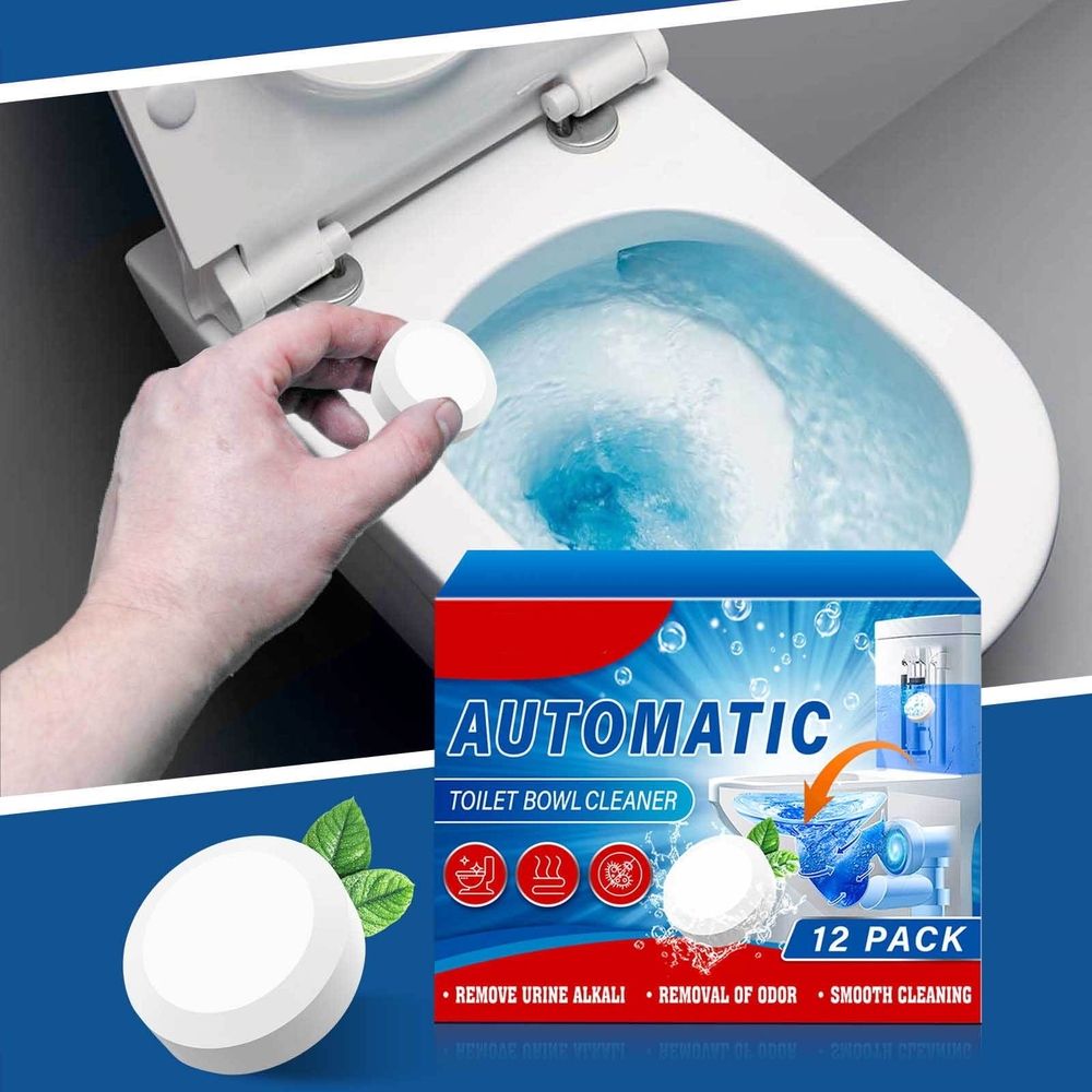 12 Pack Automatic Toilet Bowl Cleaner Tablets, Bleach-Powered Long Lasting 30 Days, Stain & Odor Eliminator for Limescale Rust Urine, Septic Safe Drop-in Cleaner