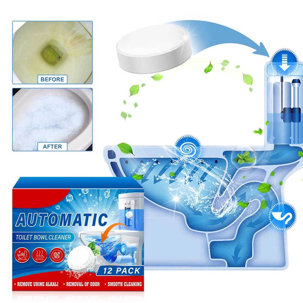 12 Pack Automatic Toilet Bowl Cleaner Tablets, Bleach-Powered Long Lasting 30 Days, Stain & Odor Eliminator for Limescale Rust Urine, Septic Safe Drop-in Cleaner