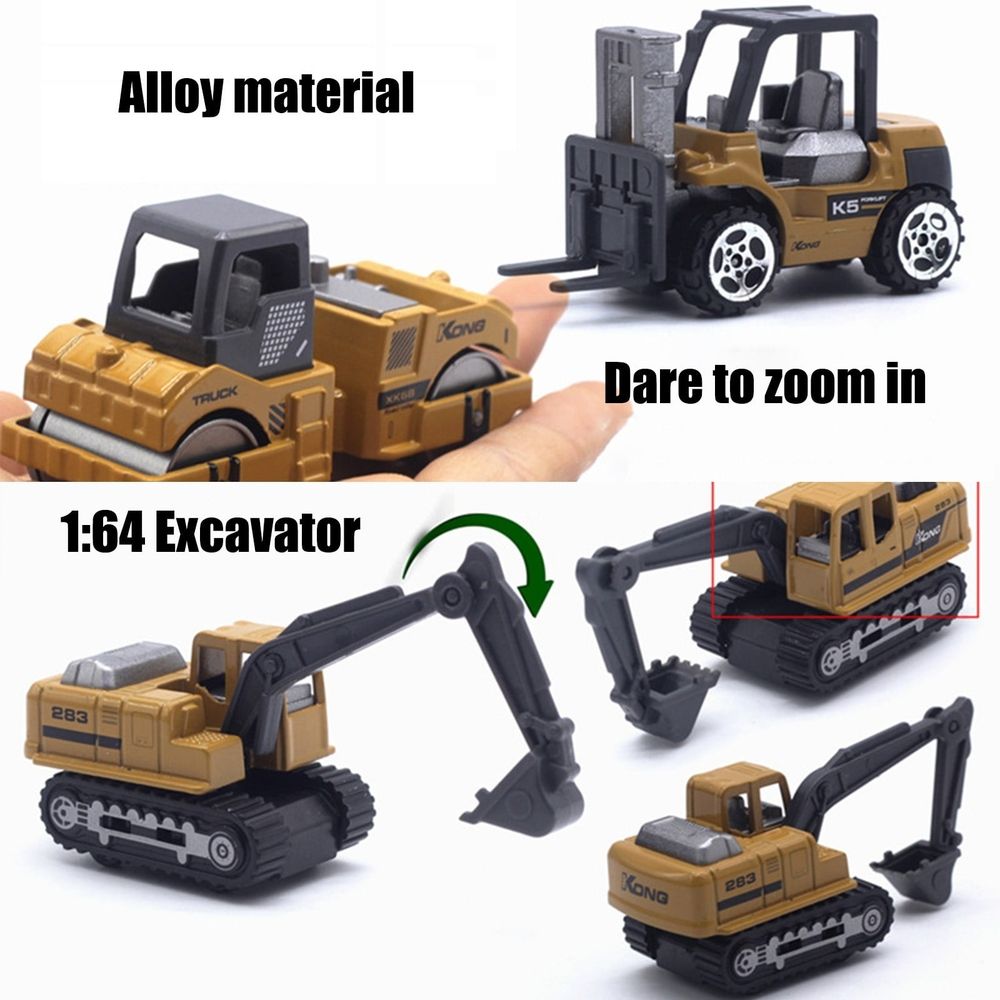 Alloy Construction Vehicle Set, 1:64 Scale Die-Cast Models with Excavator and Forklift, No Battery Educational Toy for Children, Durable and Safe Design