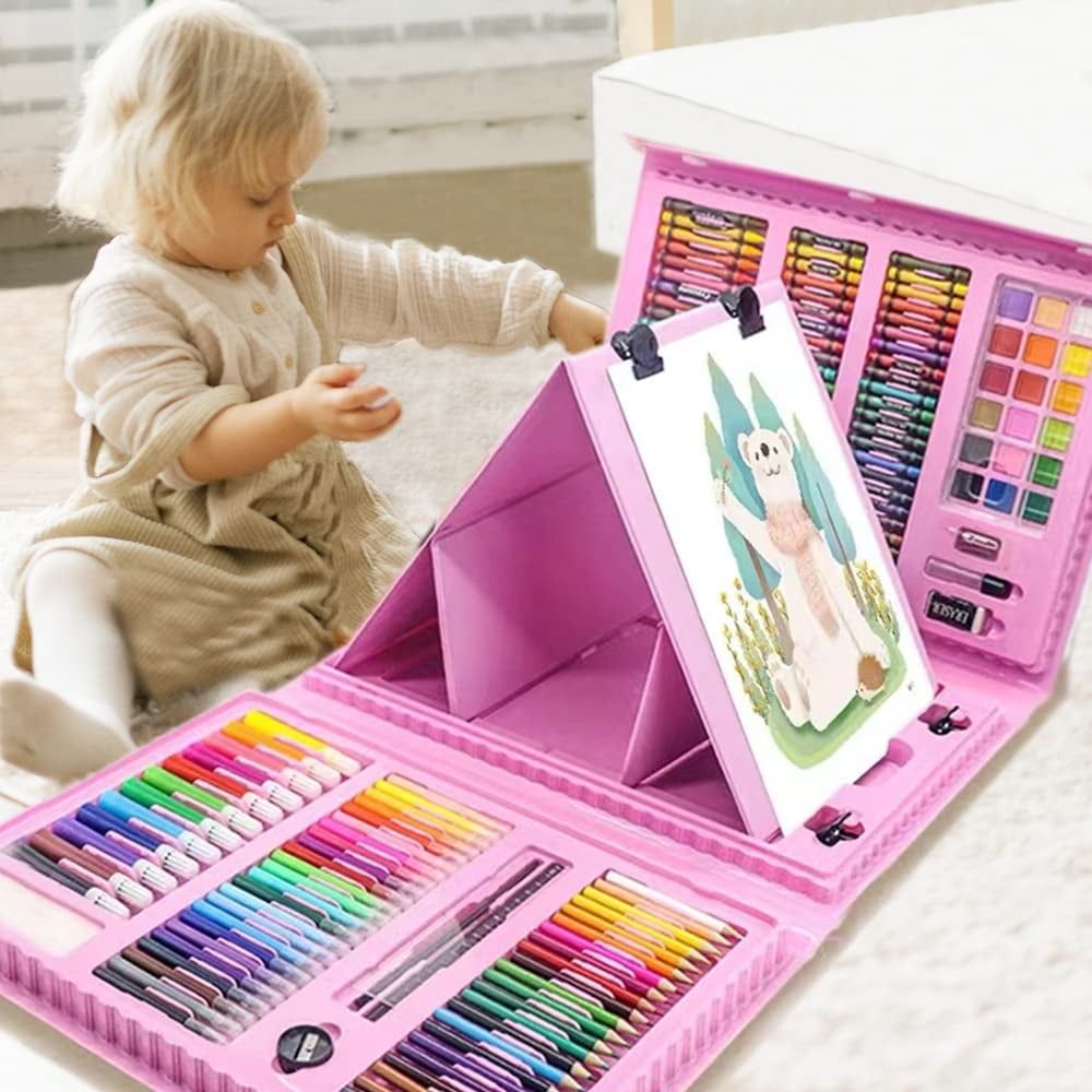 208 PCS Art Supplies,Drawing Art Kit for Kids Adults Art Set with Double Sided Trifold Easel,Oil Pastels,Crayons,Colored Pencils,Watercolor Pens Gift for Girls Boys Artist,Pink
