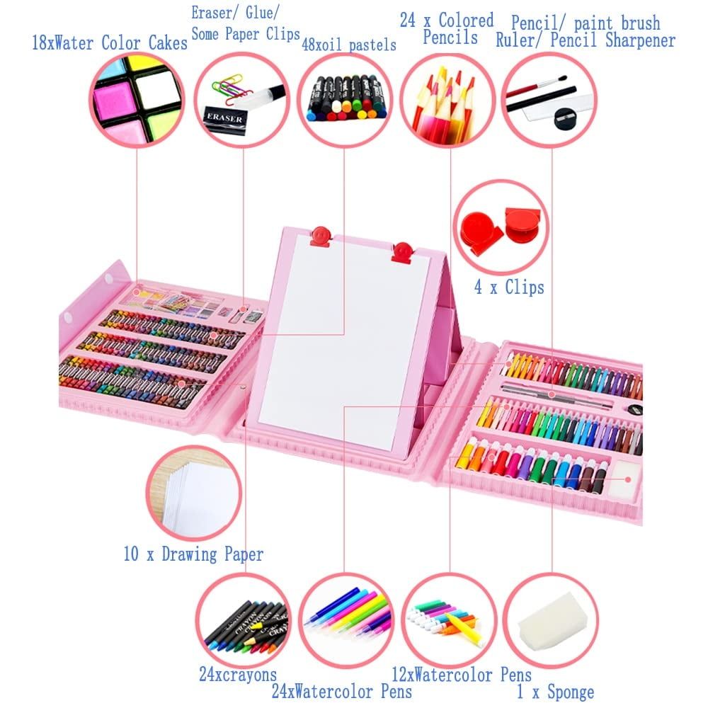 208 PCS Art Supplies,Drawing Art Kit for Kids Adults Art Set with Double Sided Trifold Easel,Oil Pastels,Crayons,Colored Pencils,Watercolor Pens Gift for Girls Boys Artist,Pink