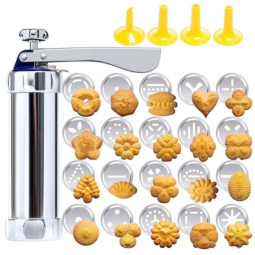 Cookie Press, Cookie Press Gun Aluminum Alloy with 4 Piping Tips and 20 Cookie Discs, Cookie Maker Machine, Cookie Press Baking