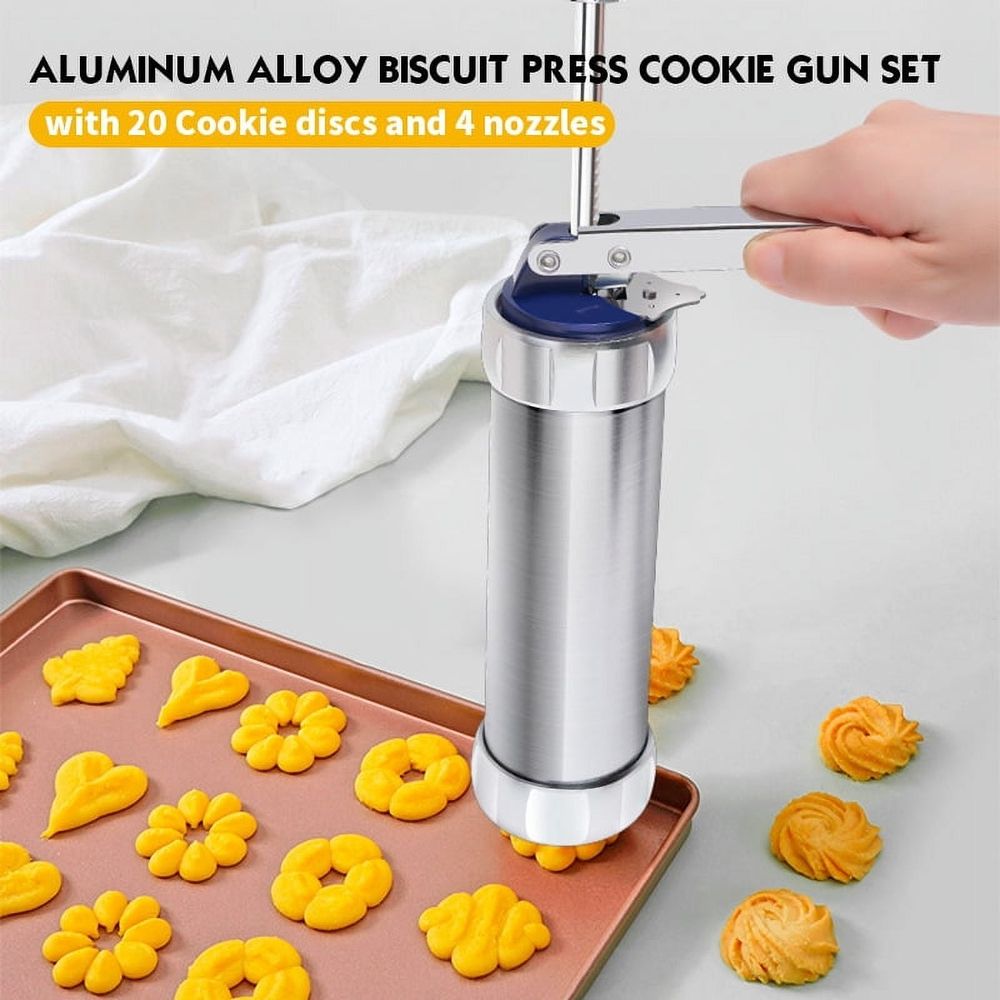 Cookie Press, Cookie Press Gun Aluminum Alloy with 4 Piping Tips and 20 Cookie Discs, Cookie Maker Machine, Cookie Press Baking