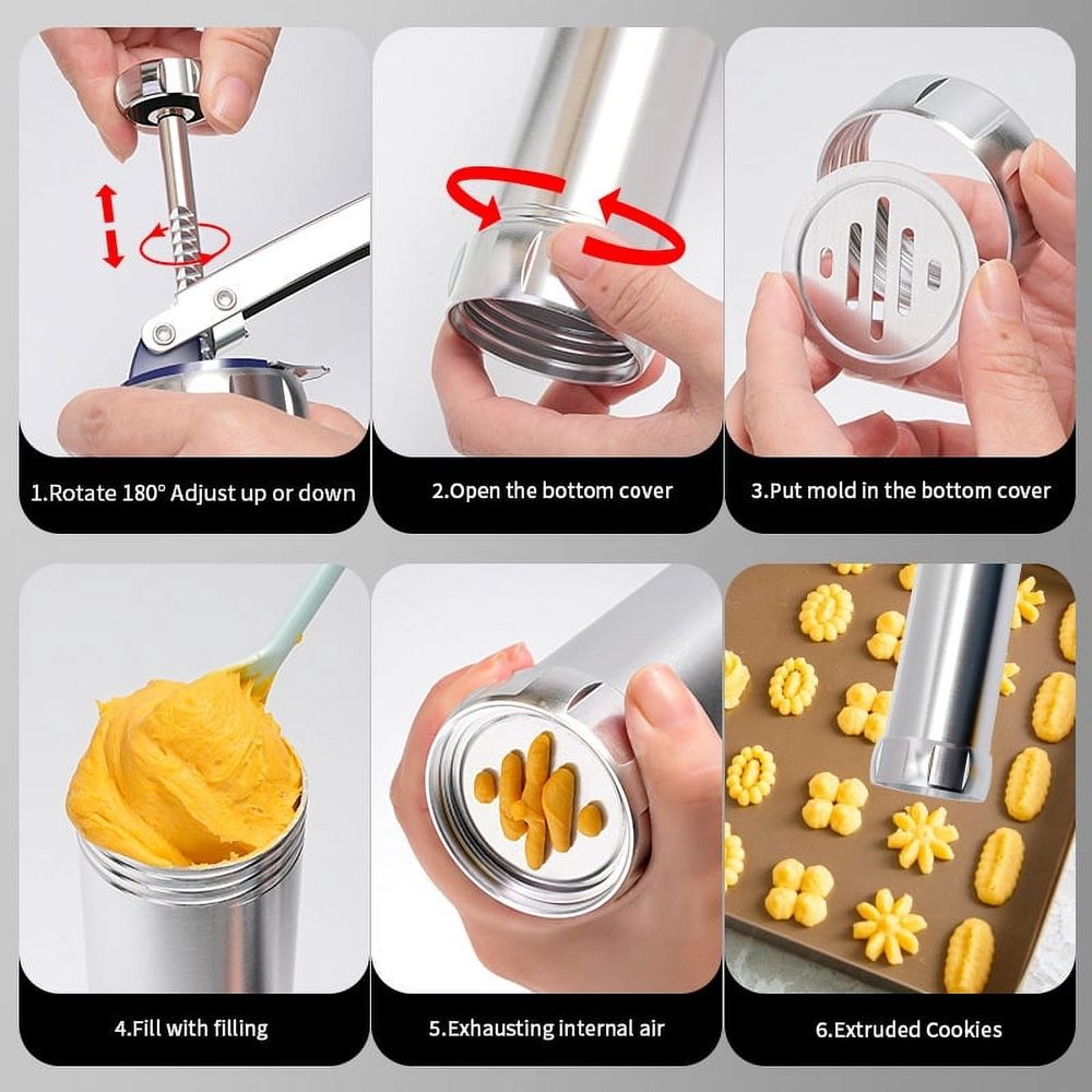 Cookie Press, Cookie Press Gun Aluminum Alloy with 4 Piping Tips and 20 Cookie Discs, Cookie Maker Machine, Cookie Press Baking