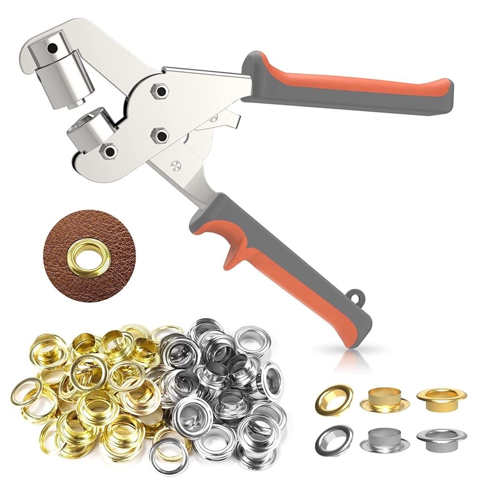 Grommet Kit, Grommet Tool Kit 3/8 Inch Grommets Eyelet Plier Set with 100pcs Eyelets, Handheld Eyelet Hole Punch Pliers Grommet Press Kits for Fabric Tarps Leather (Gold and Silver)