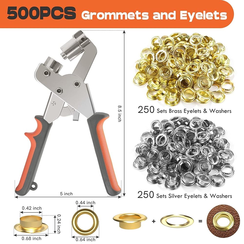 Grommet Kit, Grommet Tool Kit 3/8 Inch Grommets Eyelet Plier Set with 100pcs Eyelets, Handheld Eyelet Hole Punch Pliers Grommet Press Kits for Fabric Tarps Leather (Gold and Silver)