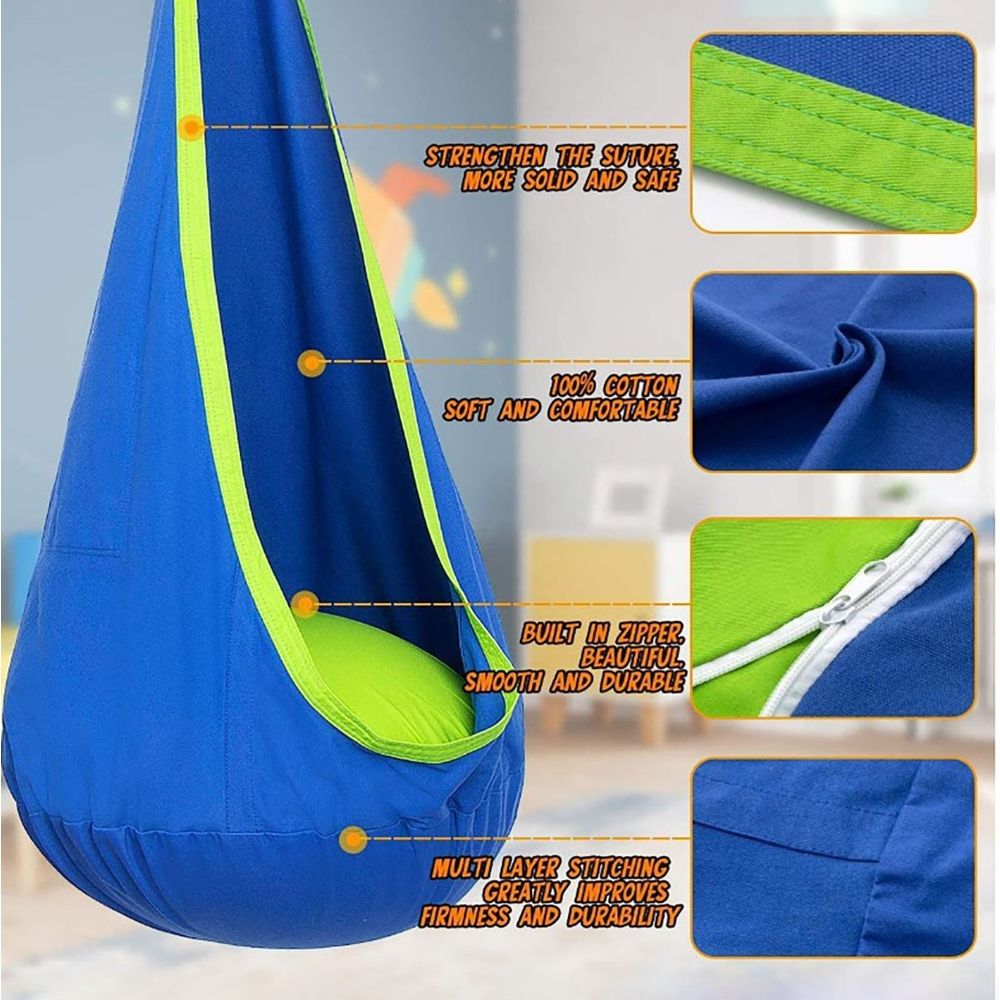 Swing Seat, Kids Hanging Hammock Swing, Cotton Sensory Pod Swing Chair with Inflatable Pillow, Pod Swing for Kids Indoor & Outdoor, Max 176Lbs (1 PCS)