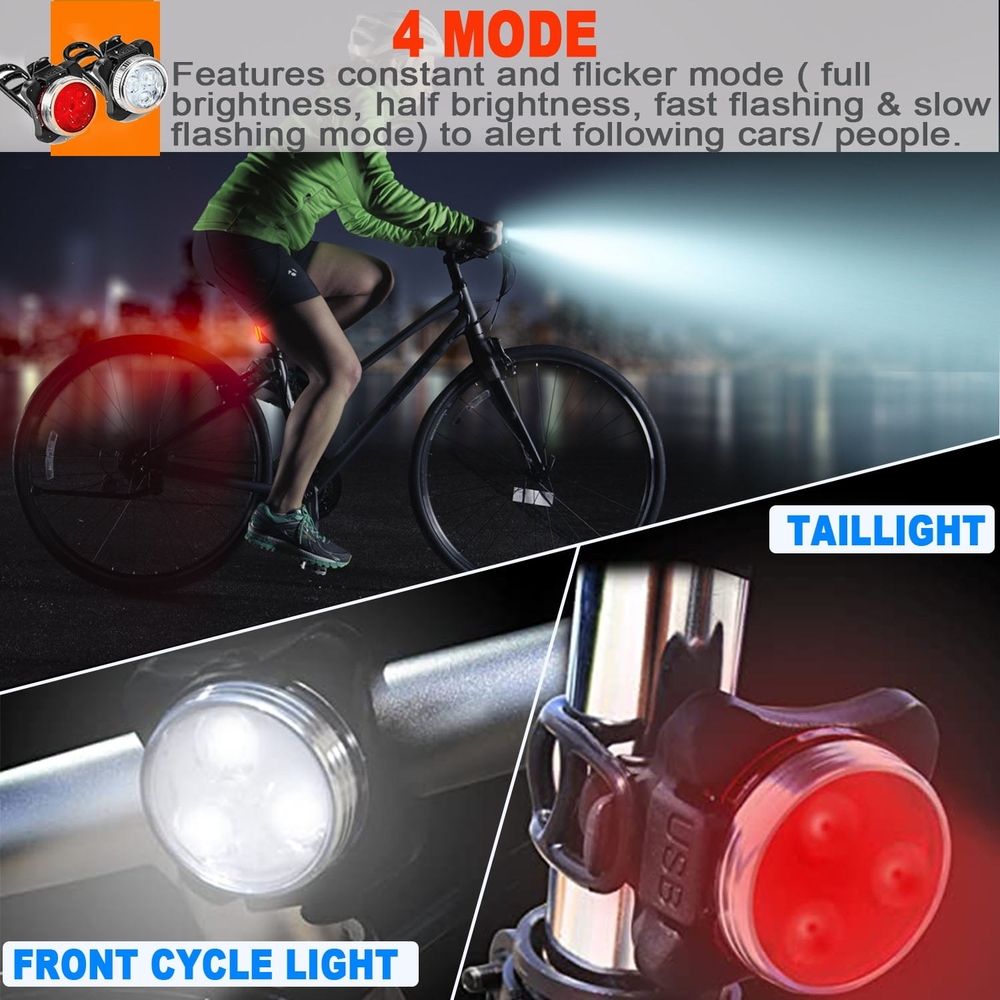 USB Rechargeable Bike Light Set,Super Bright Front Headlight and Rear LED Bicycle Light,650mah Lithium Battery,4 Light Mode Options(2 USB cables and 4 Strap Included)