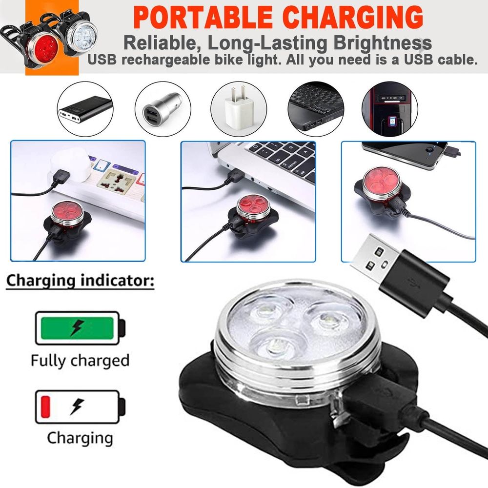 USB Rechargeable Bike Light Set,Super Bright Front Headlight and Rear LED Bicycle Light,650mah Lithium Battery,4 Light Mode Options(2 USB cables and 4 Strap Included)