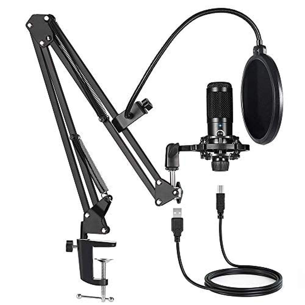 USB Condenser Microphone Bundle Kit,192KHZ/24BIT Professional Cardioid Computer Mic with Adjustable Scissor Arm Stand Shock Mount and Gain Knob for Recording,for Podcasting,Gaming, (Black)